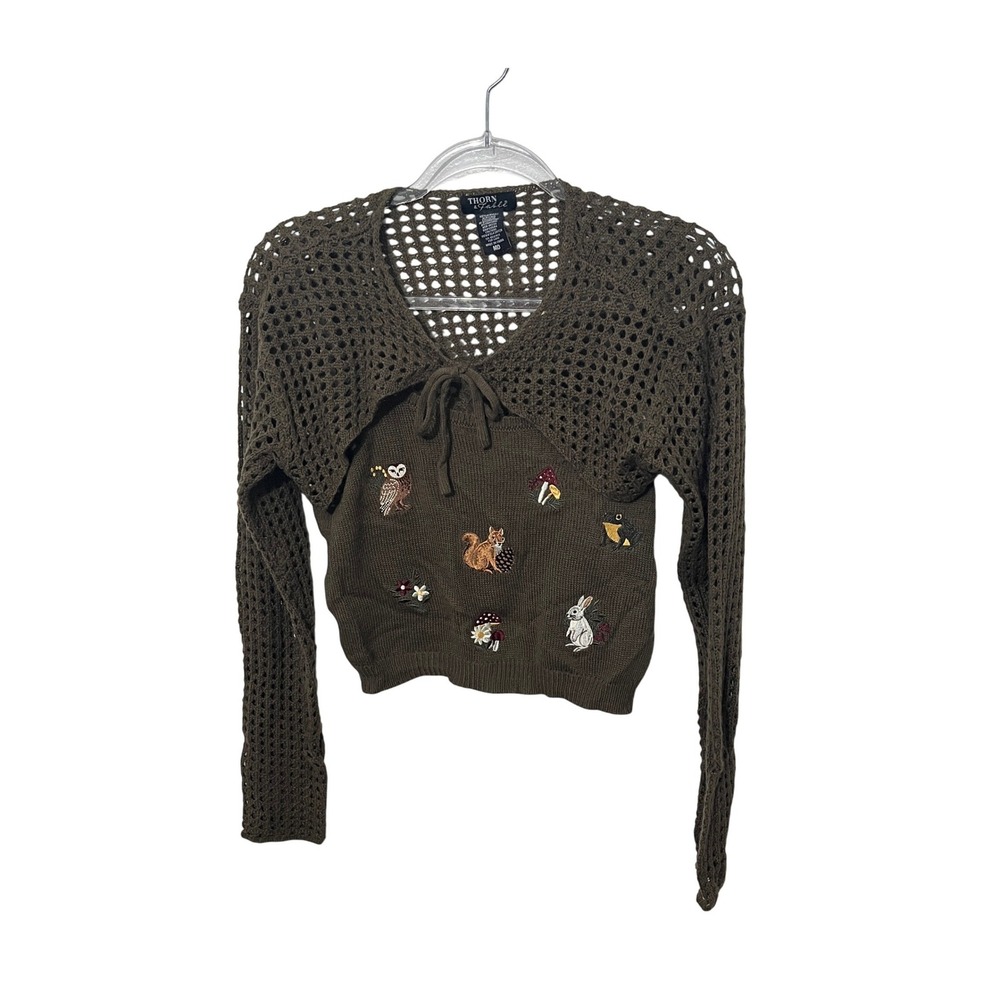 Thorn & Fable Sweater Set Womens MD Olive Green Embroidered Woodland Shrug Tank